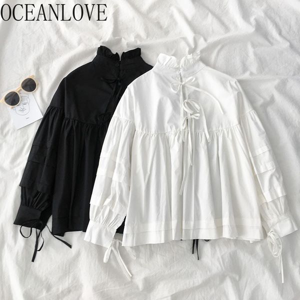 

kawaii shorts lace up solid bow sweet women blouses spring stand collar ins fashion blusas mujer 19529 210415, White