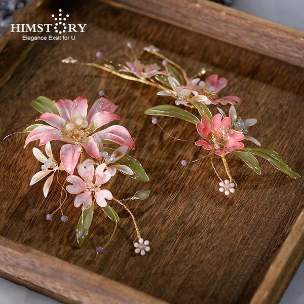 

hair clips & barrettes himstory pink flower green leaf bridal hairpins floral wedding diadem princess head girps party accessories, Golden;silver