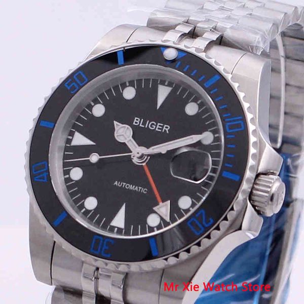 

mechanical bliger 40 mm automatic clock men sterile dial sapphire crystal gmt clock bright watertight calendar men's watch, Slivery;brown