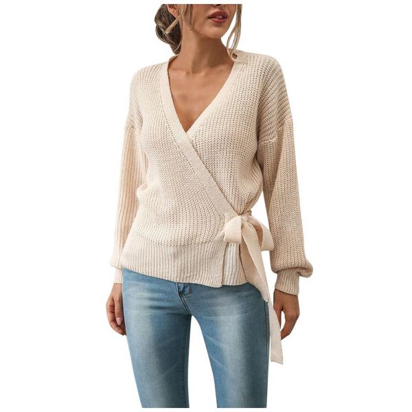 

women's knits & tees 2021 autumn women cardigan sweaters long sleeve casual v-neck soft belt elegant woman thin knitted short coat, White