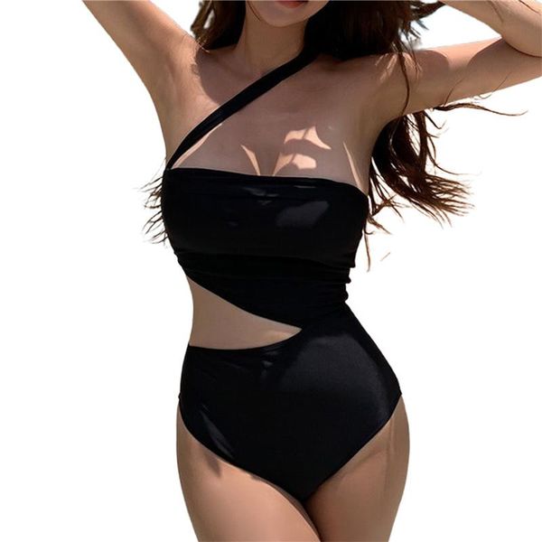 

women's swimwear women solid color swimsuit, long sleeve off-shoulder hollow out for summer, White;black