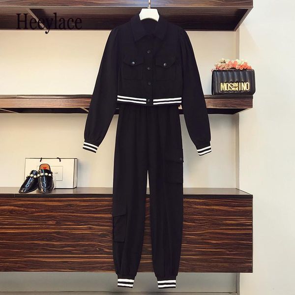 

women's two piece pants plus size 4xl women high street suit black clothing tracksuit jacket coat crop and pant set 2021 winter outfits, White