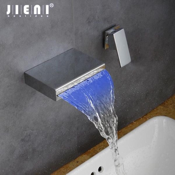 

bathroom sink faucets jieni chrome brass soild polish waterfall led changing wall mount water basin mixer tap bathtub faucet