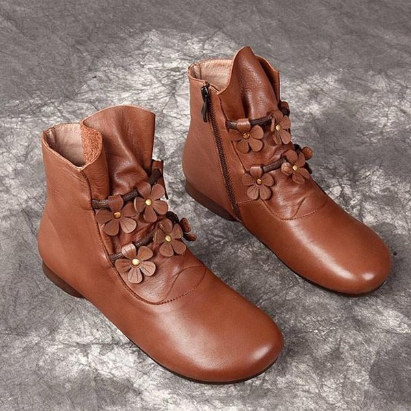 

boots fashion flowers short for women square toe soft low heels casual ladies shoes zipper pu leather female ankle botas mujer, Black