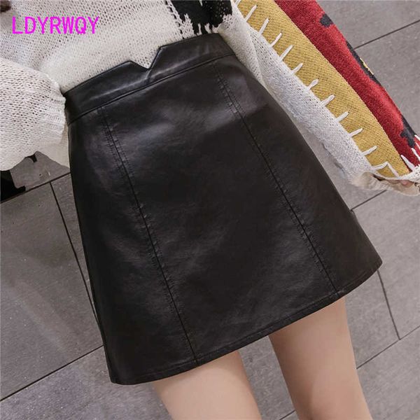 

autumn and winter korean version of the pu wash water anti-light leather skirt 210603, Black