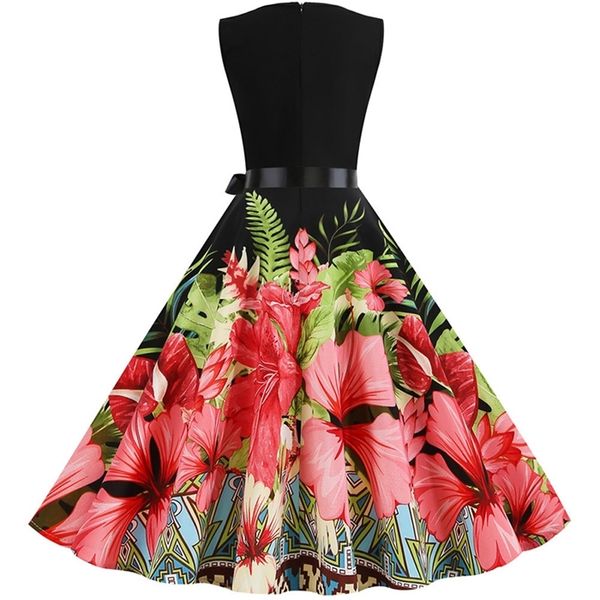 

s3xl plus size vintage summer dress women robe femme fashion pink sleeveless elegant a-line midi party vestidos with belt, Black;gray