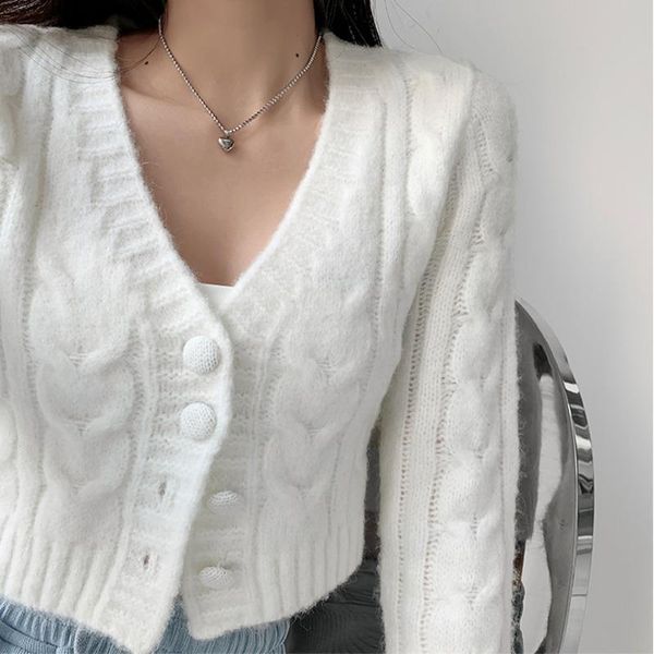 

women's knits & tees womengaga autumn winter solid color long sleeve knitting cardigan v-neck twist french short sweater for women mg6w, White