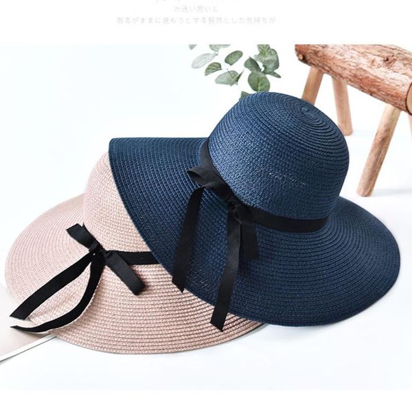 

wide brim hats simple foldable floppy girls straw hat sun beach women summer uv protect travel cap lady female #yj, Blue;gray
