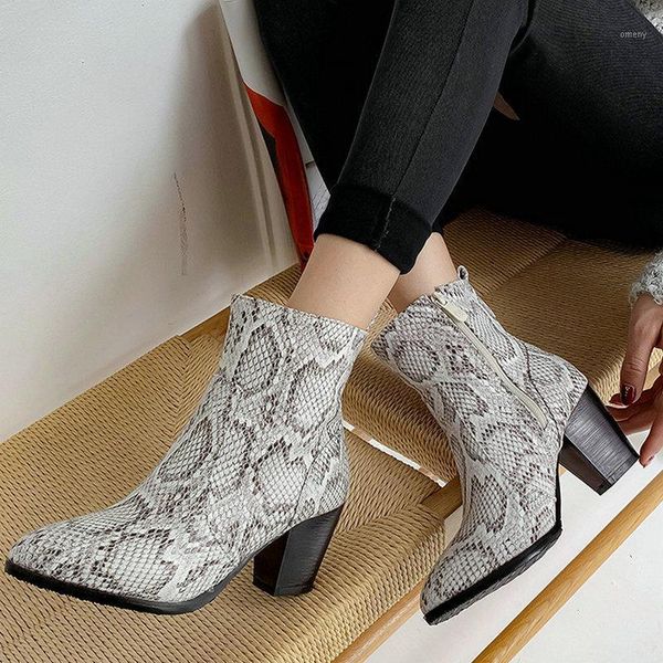 

boots autumn and winter women square high heel ankle fashion snake print pu round toe zipper shoes large size 34-431, Black