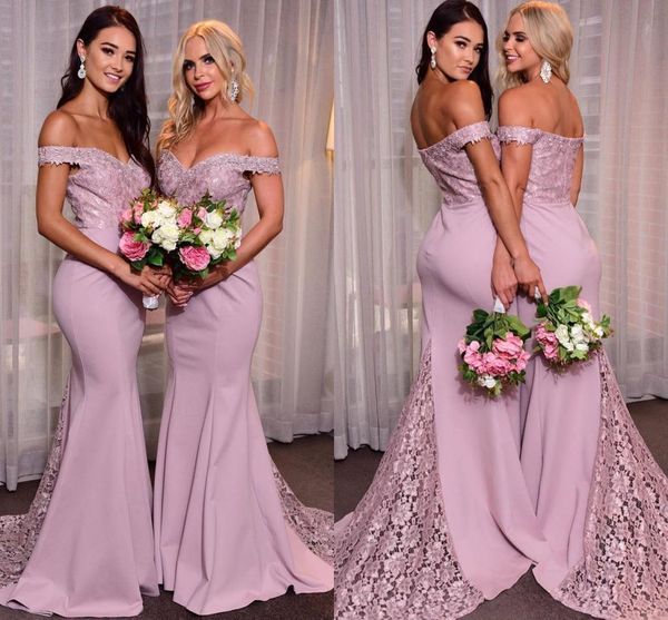 

2021 elegant mermaid bridesmaid dresses lace applique straps sweep train custom made maid of honor gown plus size country wedding party wear, White;pink