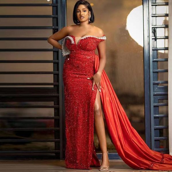 

african sequined prom dresses mermaid plus size high side split evening gowns extra train black girls formal women party dress