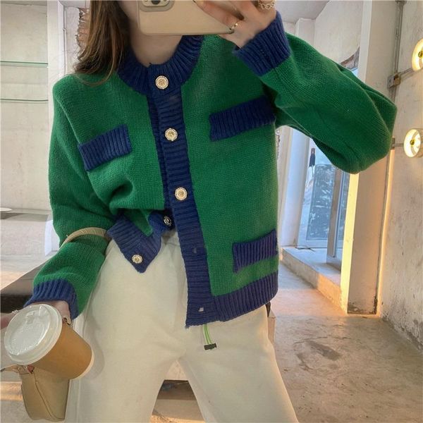 

women's knits & tees vanovich korean version of retro hit color single-breasted loose short knit sweater 2021 fall vintage cardigan, White