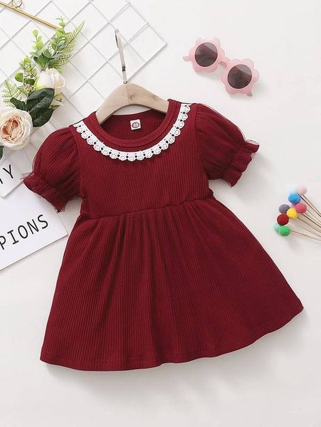 

baby girl contrast lace ribbed smock dress she, Red;yellow