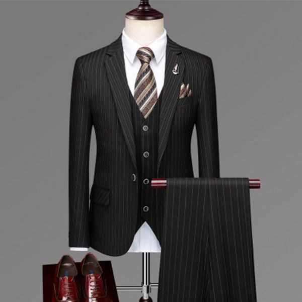 

black striped men suits wedding three piece casual business professional one button slim fit suit marriage costume homme men's & blazer, White;black