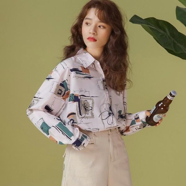 

women's blouses & shirts 2021 printing temperament loose leisure long sleeve chiffon blouse female shirt, White