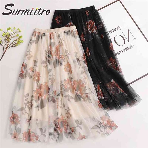 

fashoin summer long tulle skirt women korean style vintage floral mesh high waist aesthetic maxi female 210421, Black