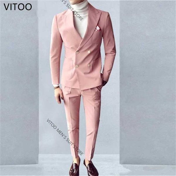 

men's suits & blazers 2 pieces pink fashion casual men double breasted (jacket+pants) peaked collar slim fit ensembles homme party tuxe, White;black