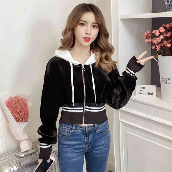 

spring autumn women's jacket korean zipper waist hooded sweater loose and thin all-match cropped coat gx642 210507, White