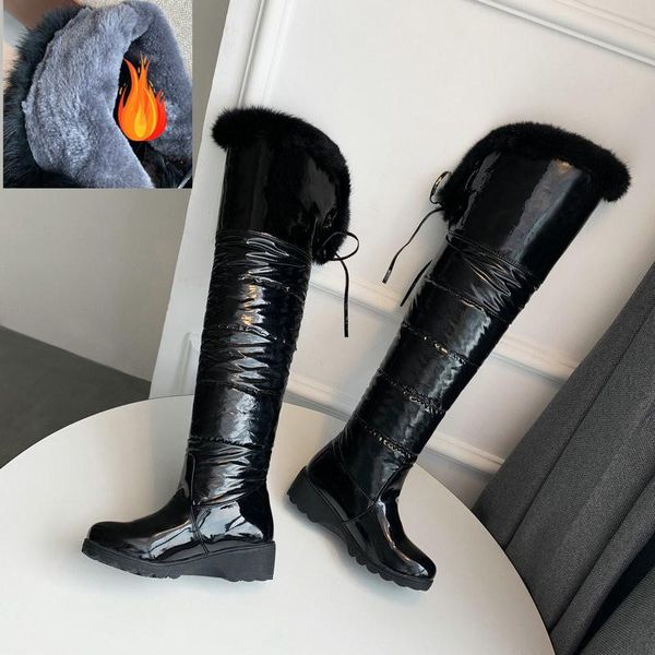 

boots waterproof down warm snow women med wedges heels platform thigh high ladies over the knee size 34-43, Black