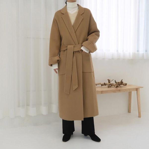 

women's wool & blends 2021 autumn winter 100% double-sided woolen coats camel black lapel lace up belt long overcoat classic bathrobe o