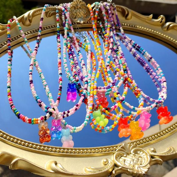 Ketten 2021 Y2K Regenbogen Farbverlauf Gummibärchen Perlen Halskette für Frauen Acryl Perlen Halsband Niedlichen Cartoon Charme Kpop Boho Schmuck