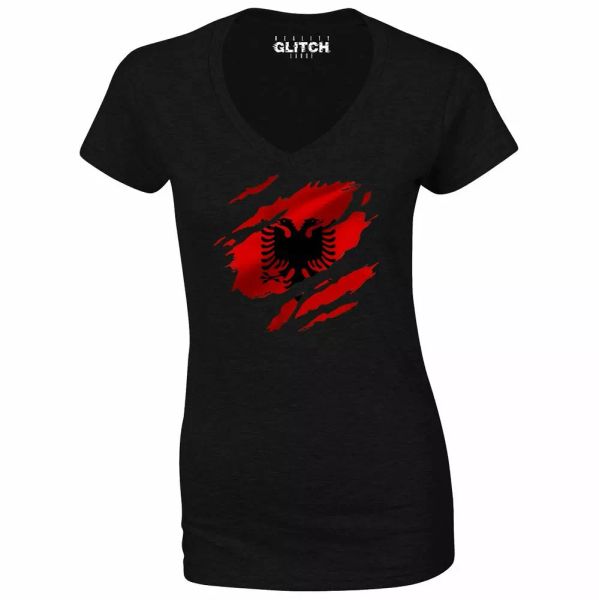 

torn albania flag women's v-neck albanian tirana country national football, White;black