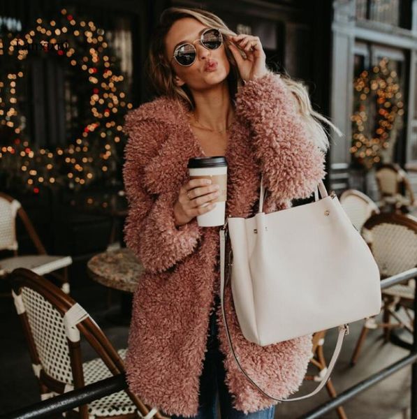 

women's wool & blends fluffy pink teddy faux fur coat jacket women streetwear fashion winter thick warm furry overcoat shaggy outerwear, Black