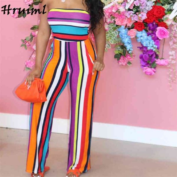 Atacado Bodysuit Mulheres Strapless Rainbow Listrado Impressão Sexy Jumpsuit Plus Size Elegante Party Noite Jumpsuits Verão 210513