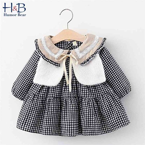 Meninas bebê vestido outono inverno crianças manga longa xadrez impresso + colete branco 2pcs toddler roupas 210611