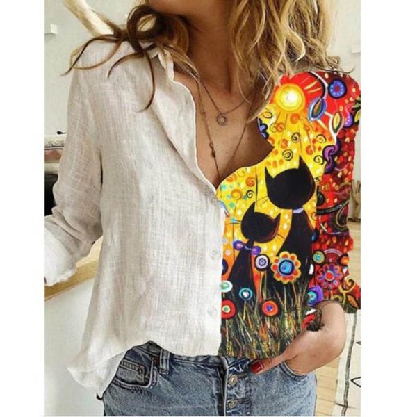 

autumn print button women blouse shirts casual loose long sleeve turn down collar female blusa women's blouses &, White