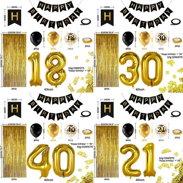 

party decoration black gold's birthday decorations, happy banner, helium balloon 50xxl, 2 gilt edged curtains, latex colored pap