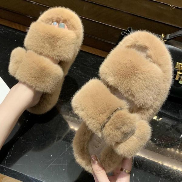 

women adjustable buckle fur slippers fluffy plush platform winter warm home slides for adult, Black