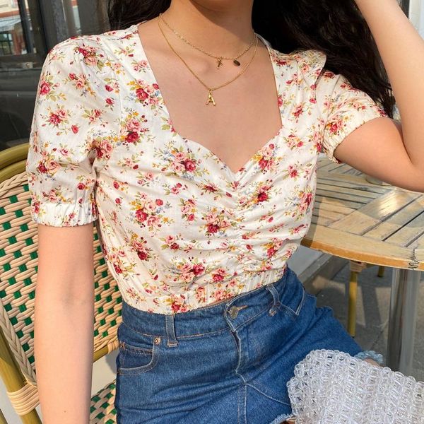 

women's t-shirt homemade girly feeling idyllic retro chest pleated short bubble sleeve shirt girl, White