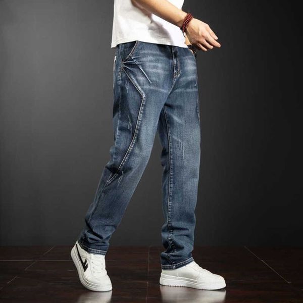 

men's straight seam jeans, spring wear, elastic, sewing, goods, large, Blue