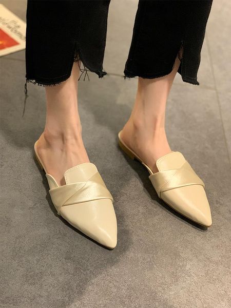 

low shoes mules for women 2021 slippers summer pointed toe luxury slides pantofle flat designer cover basic rubber fabric ro, Black