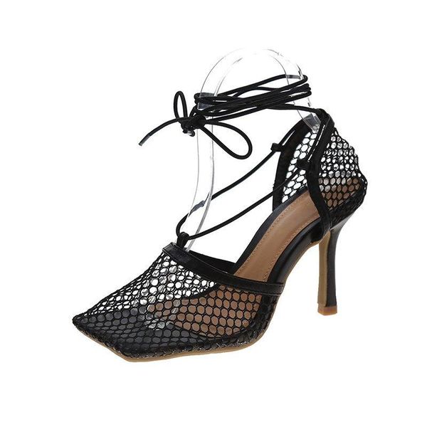 

summer style european and american mesh square toe stiletto sandals female hollow cross strap high heel, Black