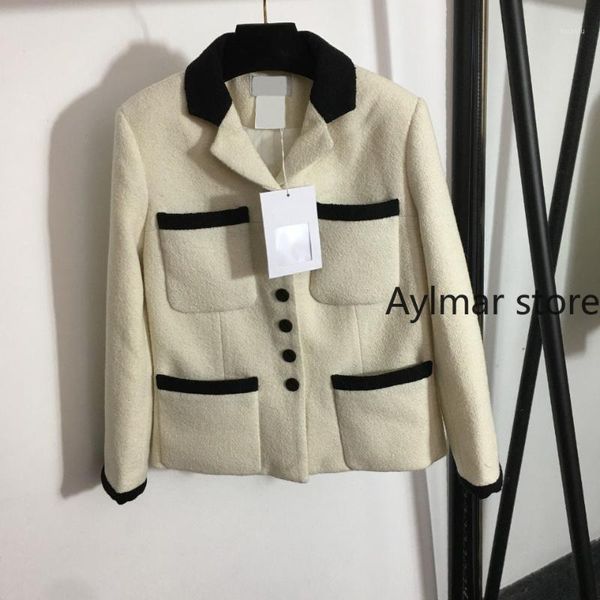 

women's suits & blazers 2021 autumn winter contrast four pocket tweed coat silk lining long sleeve short, White;black