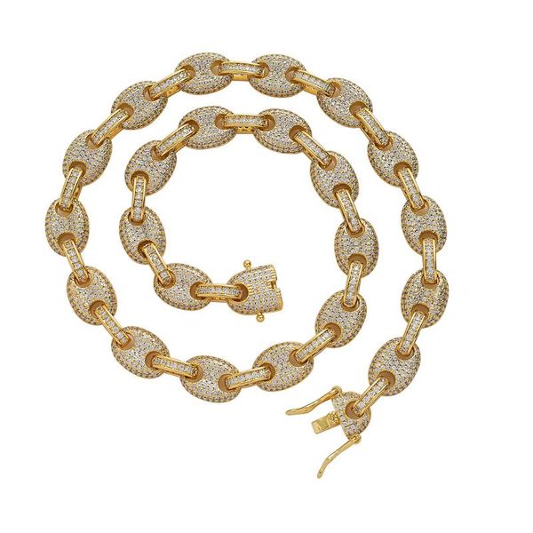 

link, chain hip hop rose necklace 12mm brass setting cz gold silver color iced out cubic zircon for man women, Black