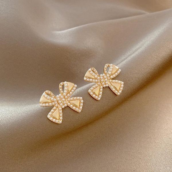 

stud exquisite gold imitation pearl bow earrings for woman korean fashion jewelry party girl's sweet accessories, Golden;silver