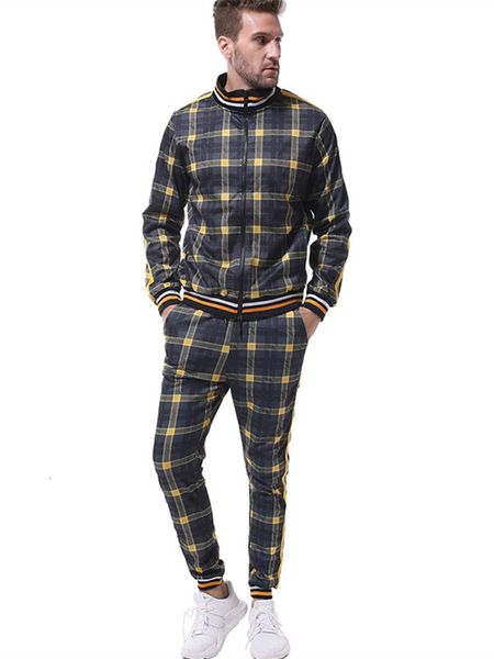 

men's tracksuits american male suits leisure autumn fitness sports clothes long sleeves zip-up grid big-size clothing, Gray