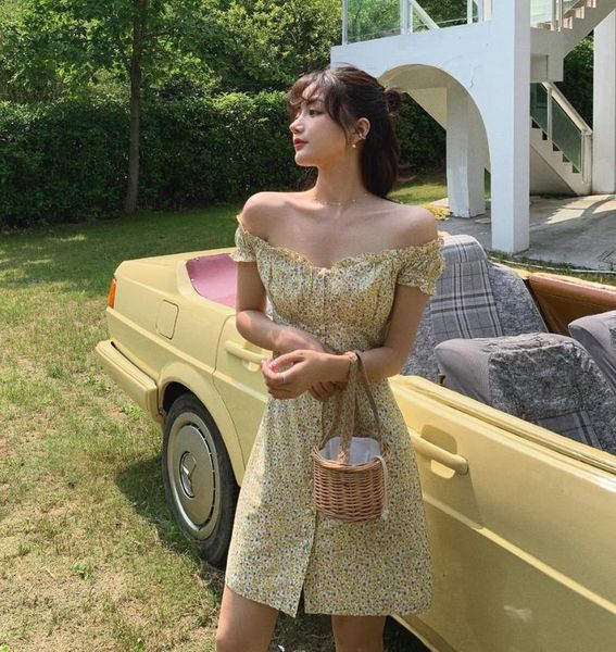 

casual dresses summer vintage dress women 2021 french style one-line collar floral single-breasted kawaii short sleeve beach robe, Black;gray