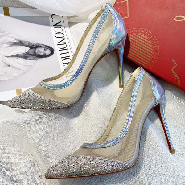 

high-heeled shoes 2021 spring and autumn leather mesh cloth water drill tapering heel slip-resistant fashion comfortable women, Black