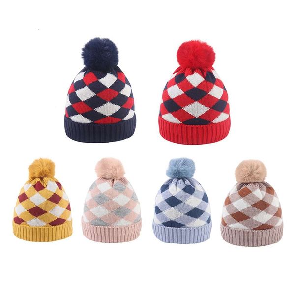 

hat baby knitted jacquard plaid wool warm winter for boys and girls, Blue;gray