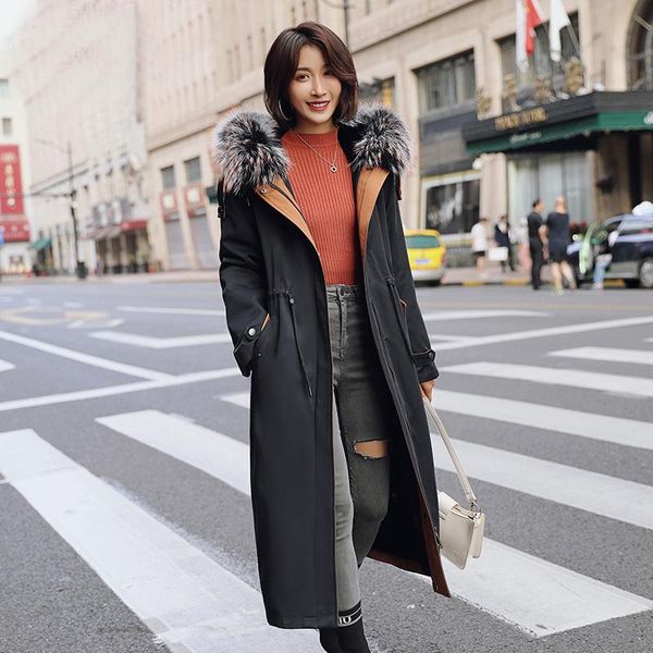 

women's fur & faux ms sent to overcome coat long big raccoon collars otter hair bladder xinji city winter clothing manufacturers, Black