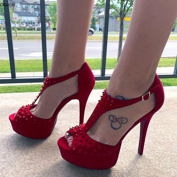 

sandals olomm handmade women platform t-strap studs stiletto heel peep toe gorgeous red night club shoes size 5-20, Black