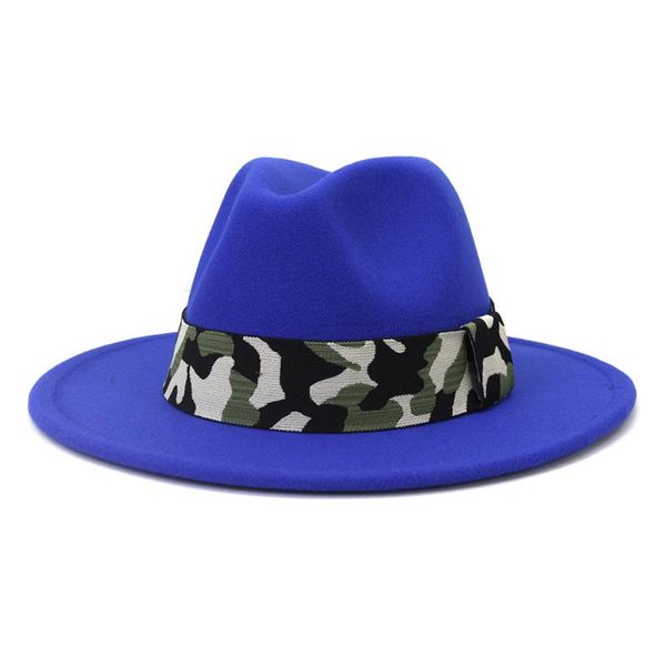 

wide brim hats fashion jazz panama woolen felt fedora hat for women men elegant outdoor party with camouflage belt, Blue;gray