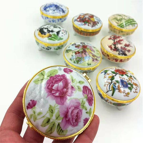 

decorative small natural porcelain jewellery gift box chinese style round ceramics jewelry makeup packaging cases party favors, Black;white