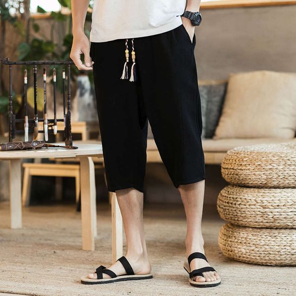 

summer men's cotton and linen pants solid color loose large capris casual lace up beach, White;black