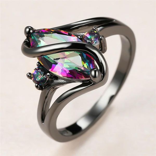 

punk female rainbow crystal stone ring charm 14kt black gold wedding rings for women luxury bride leaf zircon engagement, Slivery;golden
