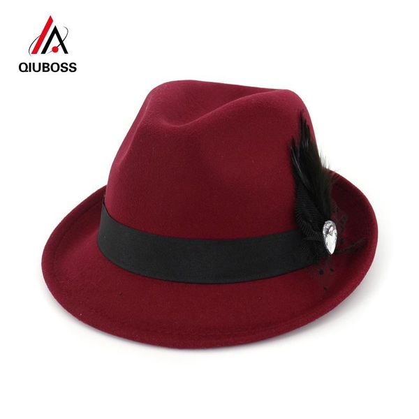 

stingy brim hats qiuboss women wool felt roll up short homburg fedora with feather ribbon fashion ladies jazz cap sombrero trilby hat, Blue;gray